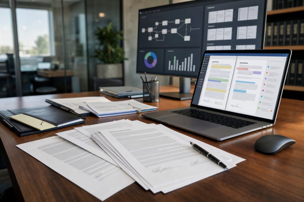 AI contract review workspace with printed agreements and laptop interface — DatabossTech