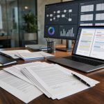 AI contract review workspace with printed agreements and laptop interface — DatabossTech