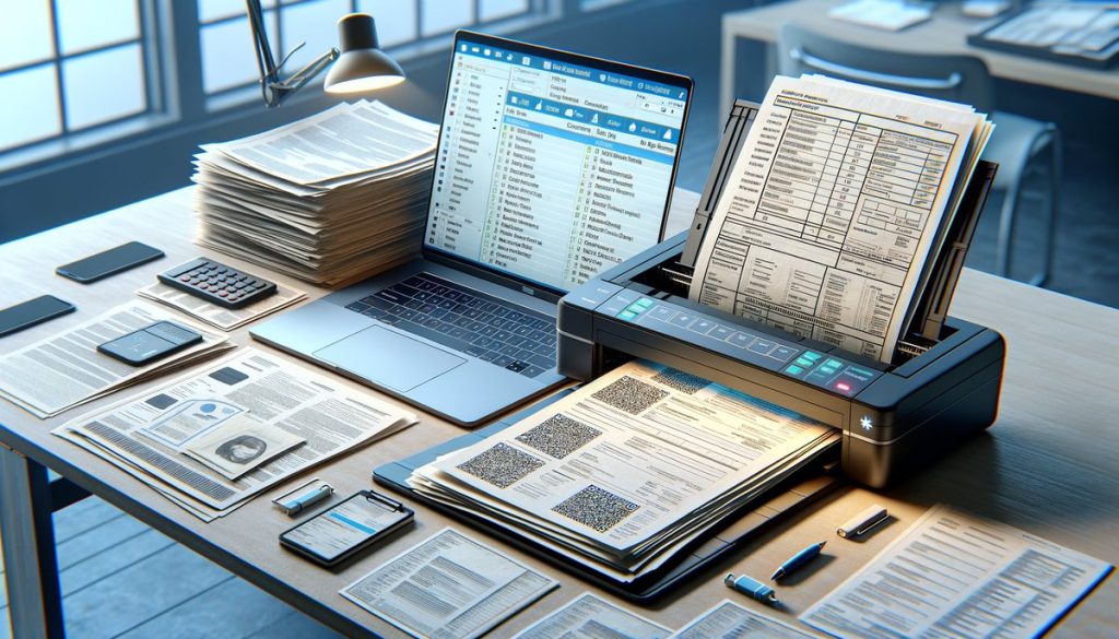 Desk with scanner, mixed documents, laptop showing what is OCR workflow — DatabossTech