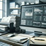 Desk with invoices, scanner, laptop, monitor automate invoice processing dashboard — DatabossTech