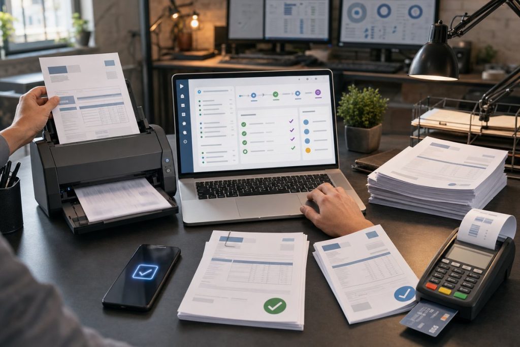 Accounts Payable Automation workspace with scanner laptop invoices and payment flow — DatabossTech