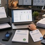 Accounts Payable Automation workspace with scanner laptop invoices and payment flow — DatabossTech