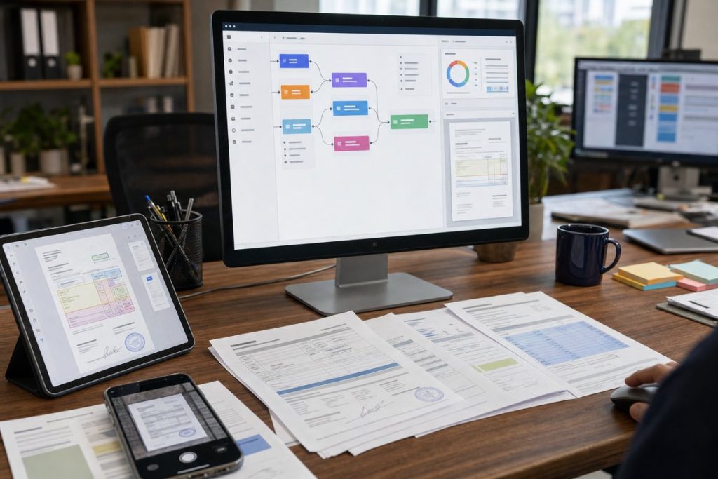 Office desk with no-code document model workflow on monitor and scanned forms — DatabossTech