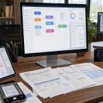 Office desk with no-code document model workflow on monitor and scanned forms — DatabossTech