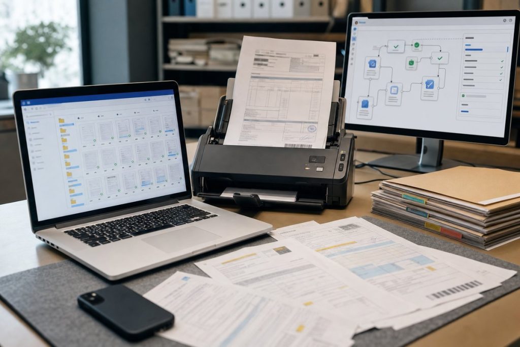 Office workstation with laptop scanner and SharePoint document automation workflow screens — DatabossTech