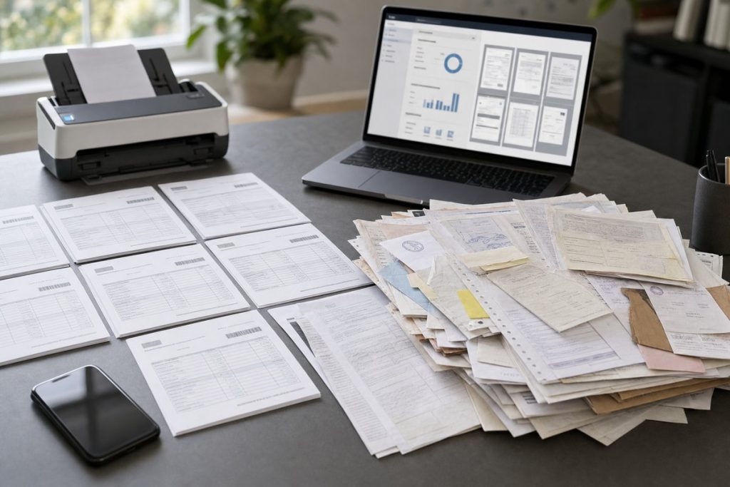 Office desk with structured vs unstructured data documents, laptop, scanner — DatabossTech