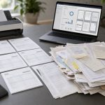 Office desk with structured vs unstructured data documents, laptop, scanner — DatabossTech