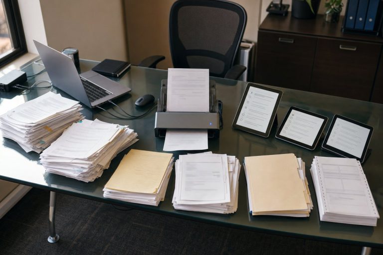 Seven document stacks around laptop and scanner, 7 Document Types You Should Automate First (And Why) — DatabossTech