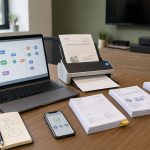 Laptop, scanner, and invoices in document flow workspace, Power Automate + AI Builder — DatabossTech