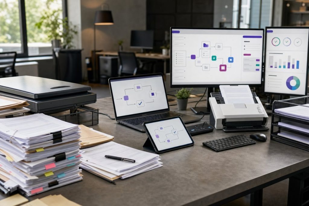 Office workspace showing The Document Automation Maturity Model progression from paperwork to automation — DatabossTech