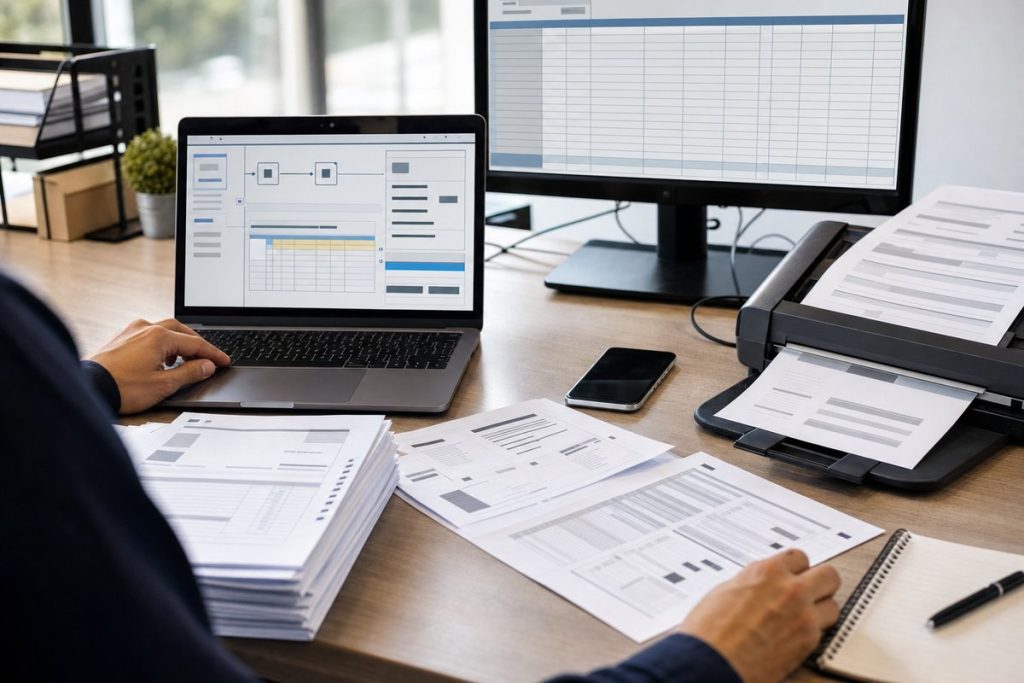 Office desk with invoices scanner and workflow screens extracting PDF data in Power Automate — DatabossTech
