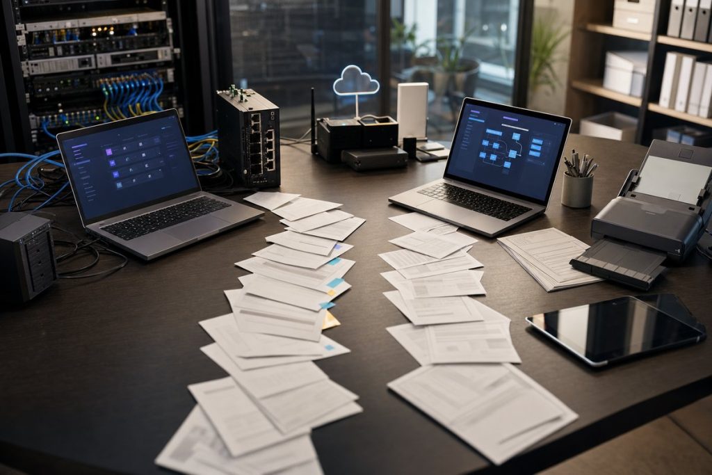 Two laptops and branching document paths for Azure Logic Apps vs Power Automate for Document Workflows — DatabossTech