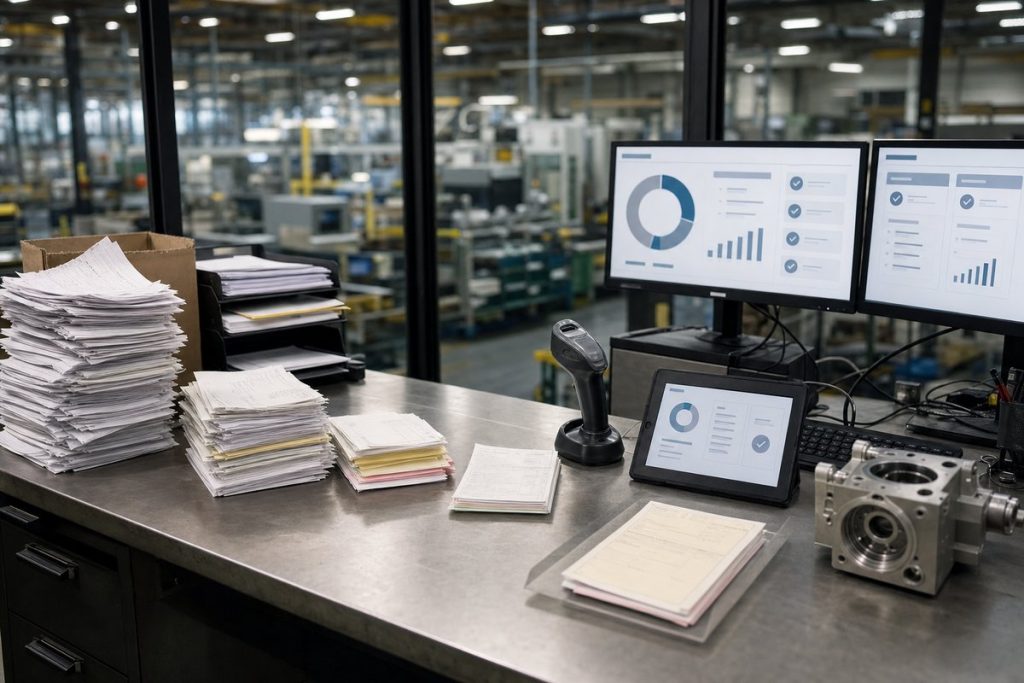 Manufacturing finance desk with invoices tablet scanner showing streamlined workflow — DatabossTech