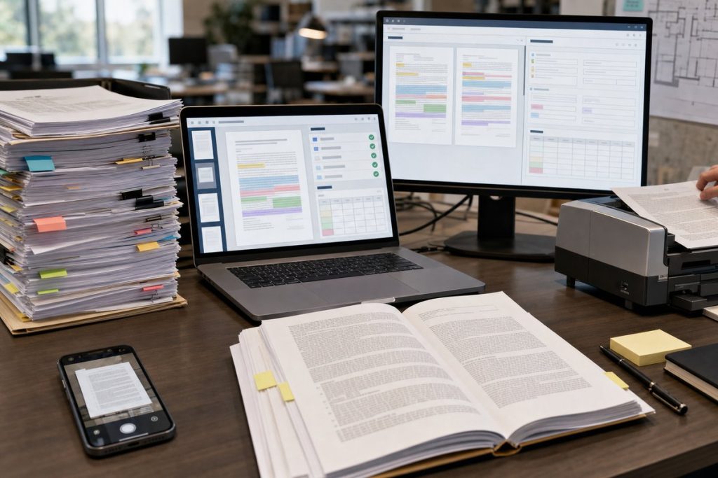 Lease abstraction automation workspace with printed leases, scanner, and review screens — DatabossTech