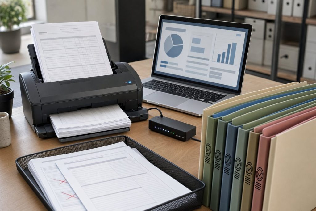 Desktop scanner, laptop, and color-coded folders showing 3 Ways Document Automation Reduces Compliance Risk — DatabossTech
