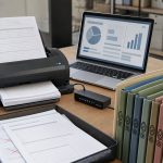 Desktop scanner, laptop, and color-coded folders showing 3 Ways Document Automation Reduces Compliance Risk — DatabossTech