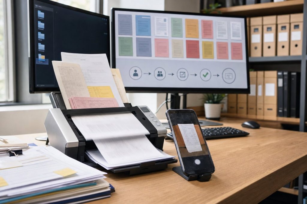 Office scanner and organized digital files illustrating document capture vs document management — DatabossTech