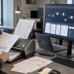 Document intelligence pipeline desk setup with scanner, forms, laptop, monitor — DatabossTech