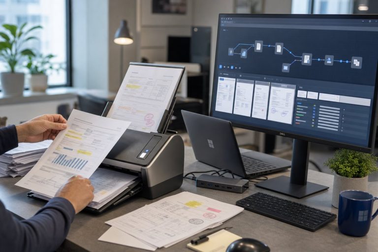 Document intelligence pipeline desk setup with scanner, forms, laptop, monitor — DatabossTech