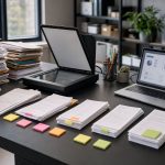 Office desk timeline showing document processing automation from paper stacks to laptop — DatabossTech