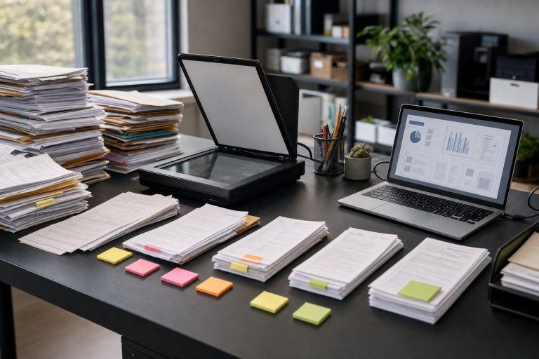 Office desk timeline showing document processing automation from paper stacks to laptop — DatabossTech