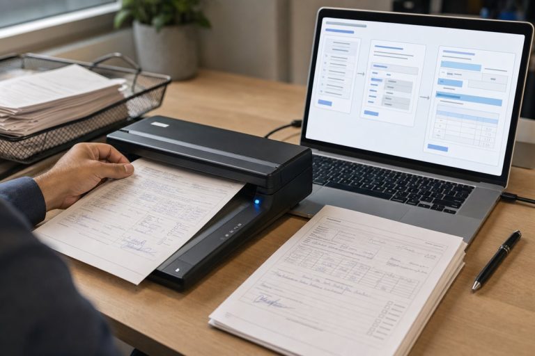 Handwritten forms scanned beside laptop workflow interface, How to Handle Handwritten Forms with AI, DatabossTech